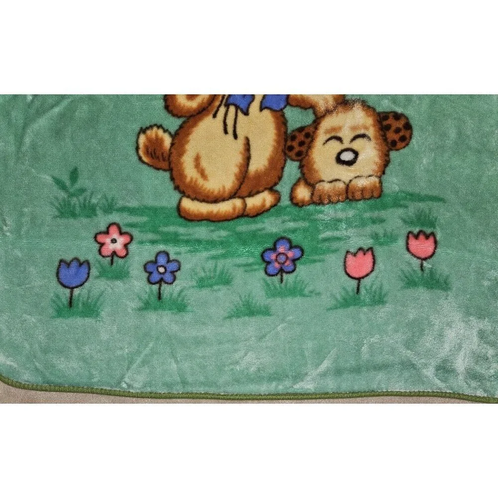 Green Teddy Bear Blanket Balloons Brown Puppy Dog Blue Red Flowers Butterflies